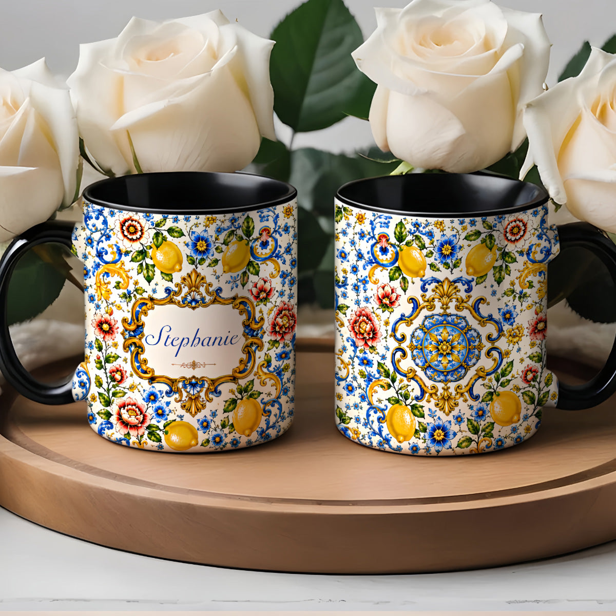 Mediterranean Style & Majolica Print Blue Lemon - Personalized Accent Mug-Myprintsy