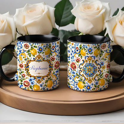 Mediterranean Style & Majolica Print Blue Lemon - Personalized Accent Mug-Myprintsy