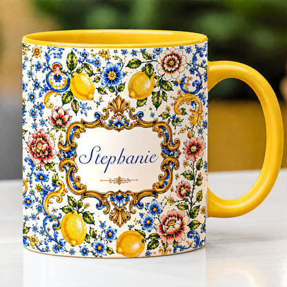 Mediterranean Style & Majolica Print Blue Lemon - Personalized Accent Mug-Myprintsy
