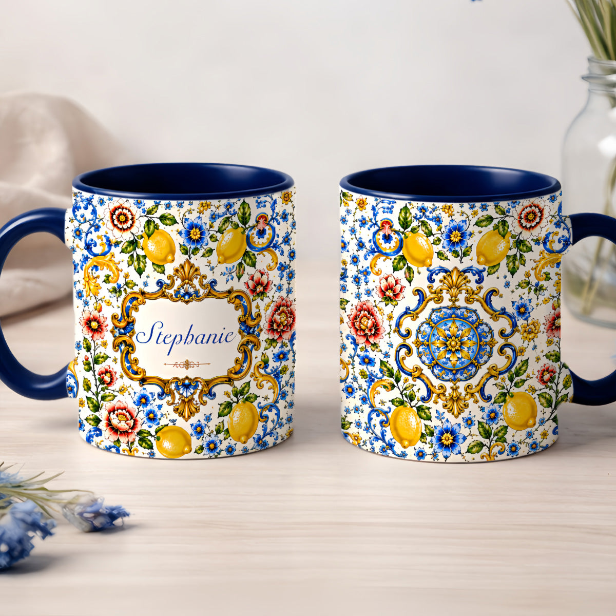 Mediterranean Style & Majolica Print Blue Lemon - Personalized Accent Mug-Myprintsy