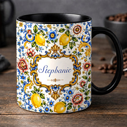 Mediterranean Style & Majolica Print Blue Lemon - Personalized Accent Mug-Myprintsy