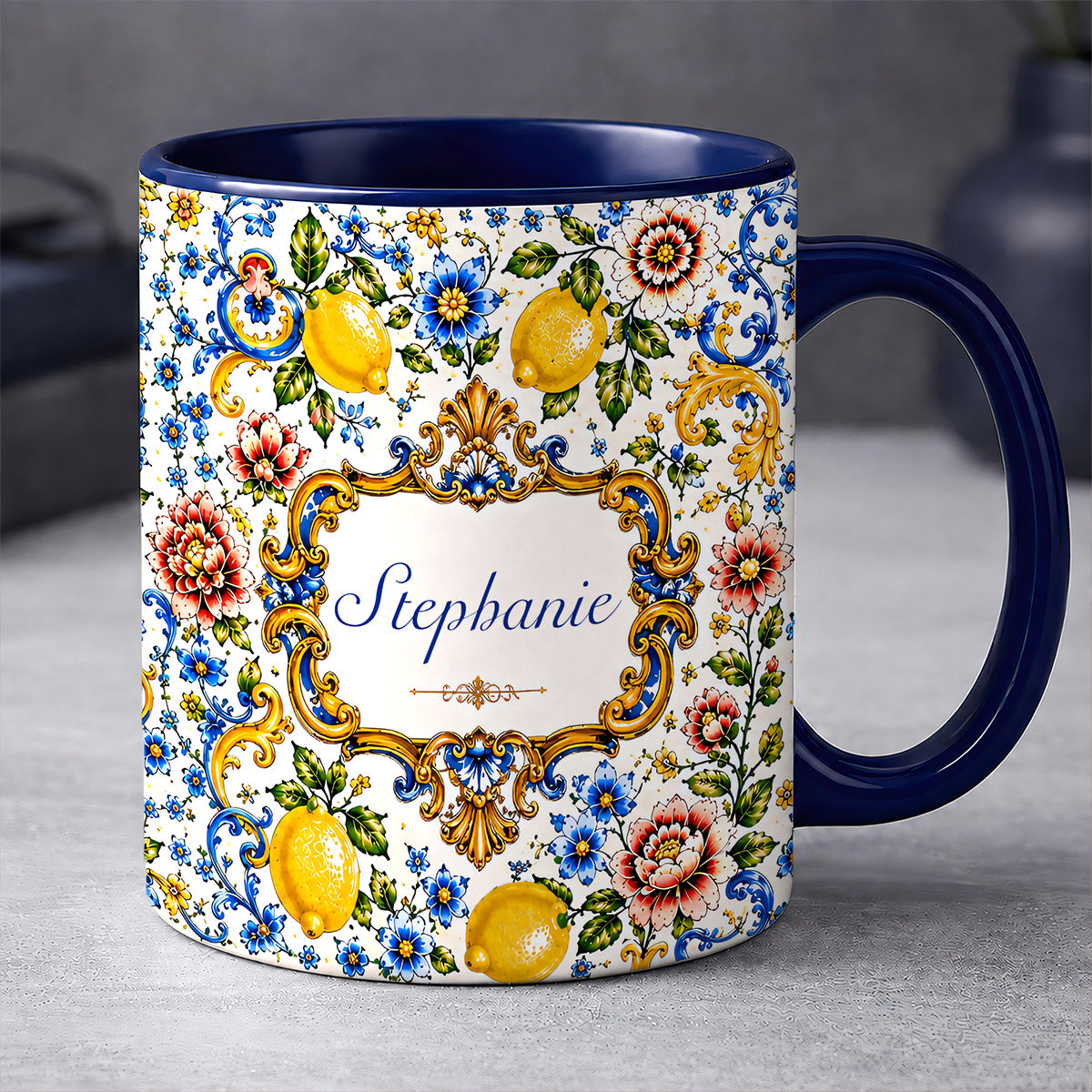Mediterranean Style & Majolica Print Blue Lemon - Personalized Accent Mug-Myprintsy