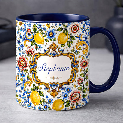 Mediterranean Style & Majolica Print Blue Lemon - Personalized Accent Mug-Myprintsy