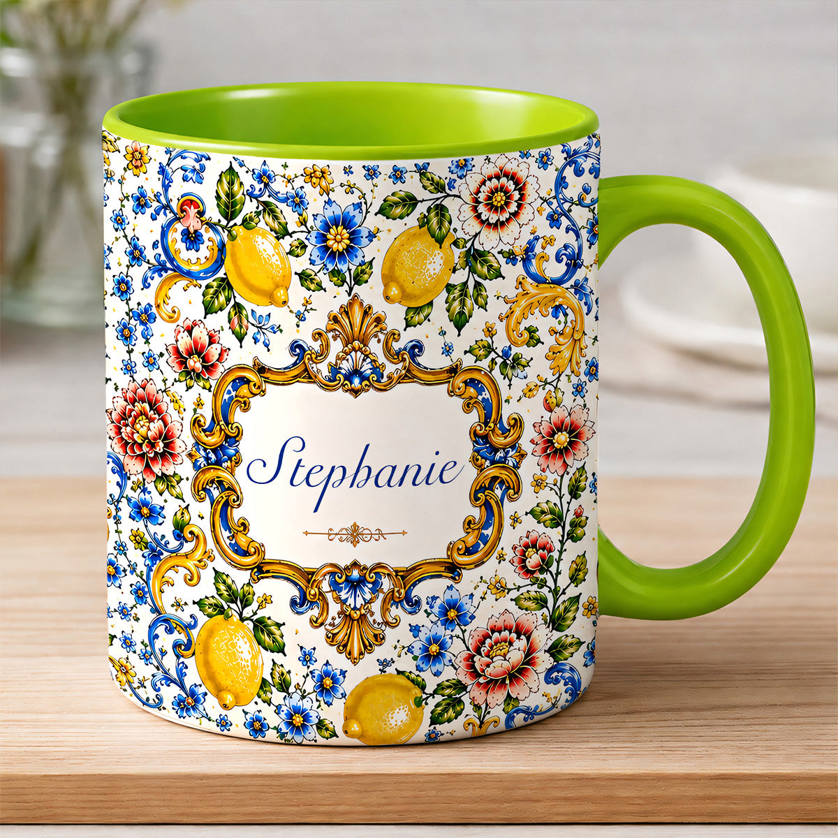 Mediterranean Style & Majolica Print Blue Lemon - Personalized Accent Mug-Myprintsy