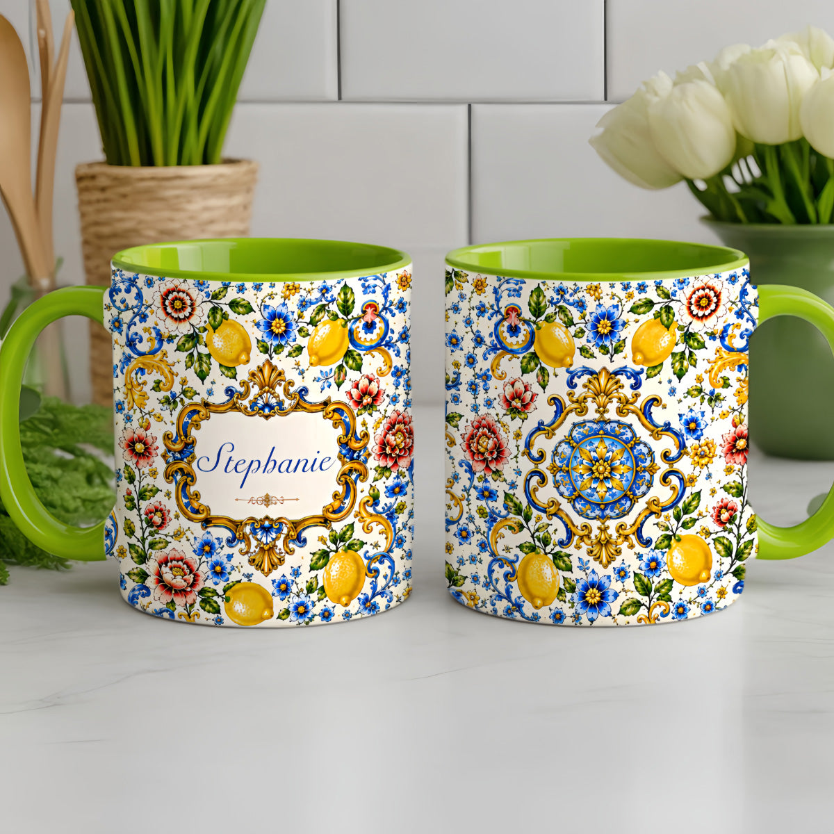 Mediterranean Style & Majolica Print Blue Lemon - Personalized Accent Mug [TEST]-Myprintsy