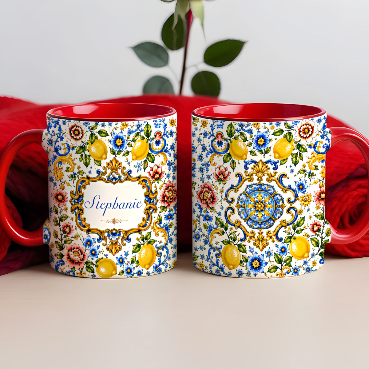 Mediterranean Style & Majolica Print Blue Lemon - Personalized Accent Mug [TEST]-Myprintsy