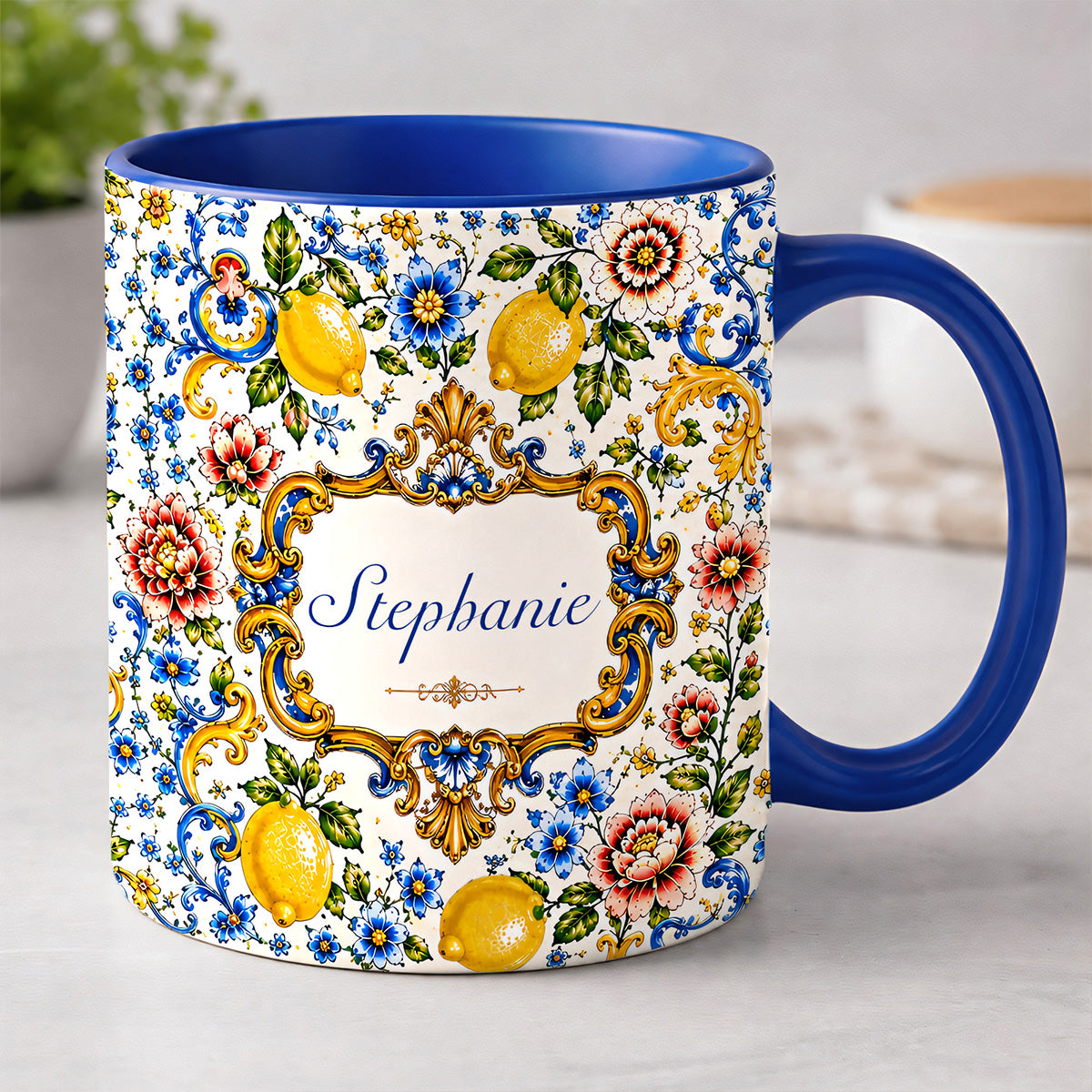 Mediterranean Style & Majolica Print Blue Lemon - Personalized Accent Mug-Myprintsy
