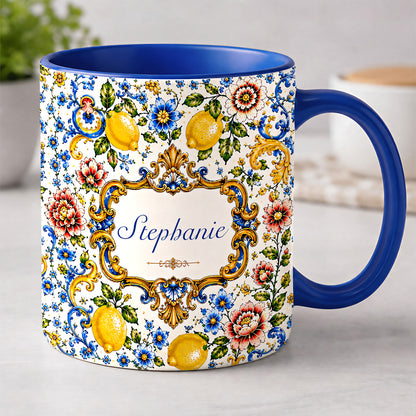 Mediterranean Style & Majolica Print Blue Lemon - Personalized Accent Mug-Myprintsy
