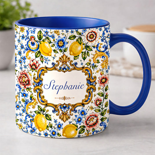 Mediterranean Style & Majolica Print Blue Lemon - Personalized Accent Mug-Myprintsy