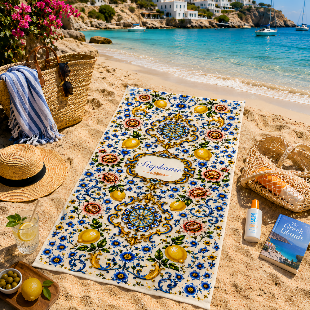Mediterranean Style & Majolica Print Blue Lemon - Personalized Beach Towel-Myprintsy