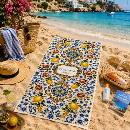 Mediterranean Style & Majolica Print Blue Lemon - Personalized Beach Towel-Myprintsy