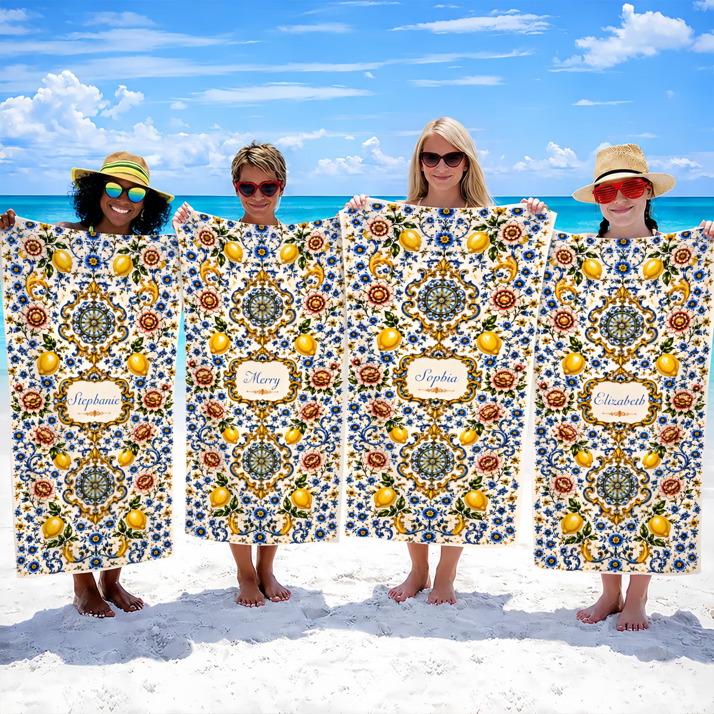 Mediterranean Style & Majolica Print Blue Lemon - Personalized Beach Towel-Myprintsy