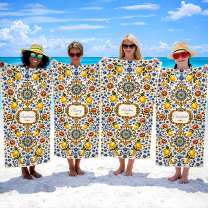 Mediterranean Style & Majolica Print Blue Lemon - Personalized Beach Towel-Myprintsy