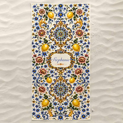 Mediterranean Style & Majolica Print Blue Lemon - Personalized Beach Towel-Myprintsy