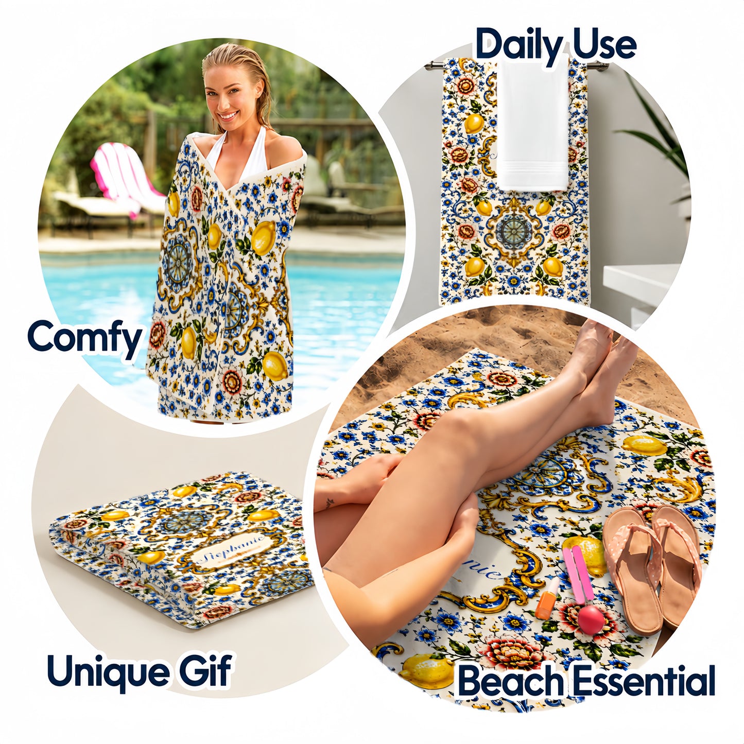 Mediterranean Style & Majolica Print Blue Lemon - Personalized Beach Towel-Myprintsy