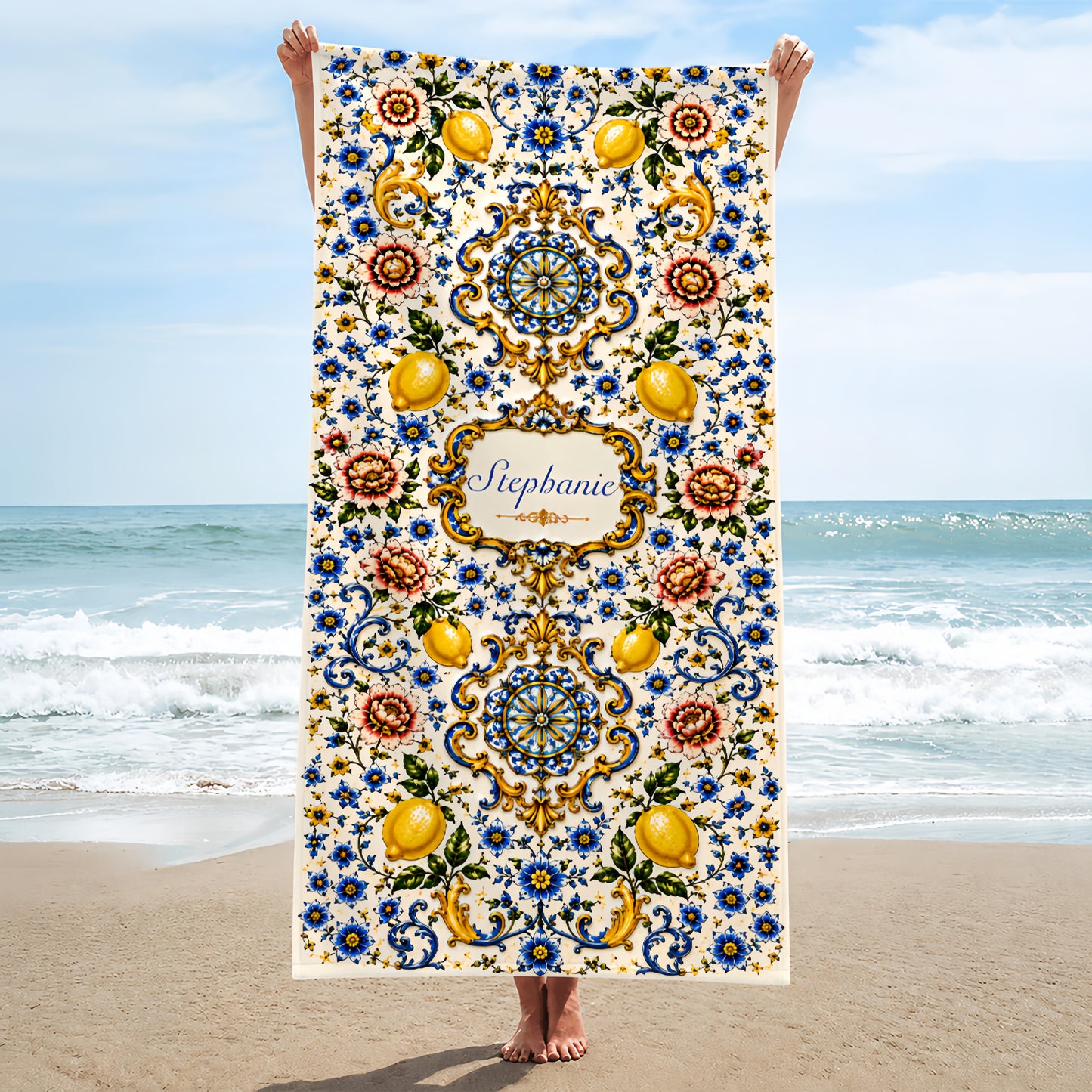 Mediterranean Style & Majolica Print Blue Lemon - Personalized Beach Towel-Myprintsy