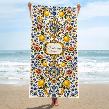 Mediterranean Style & Majolica Print Blue Lemon - Personalized Beach Towel-Myprintsy