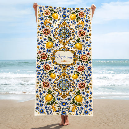 Mediterranean Style & Majolica Print Blue Lemon - Personalized Beach Towel-Myprintsy