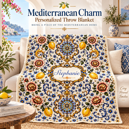 Mediterranean Style & Majolica Print Blue Lemon - Personalized Blanket-Myprintsy