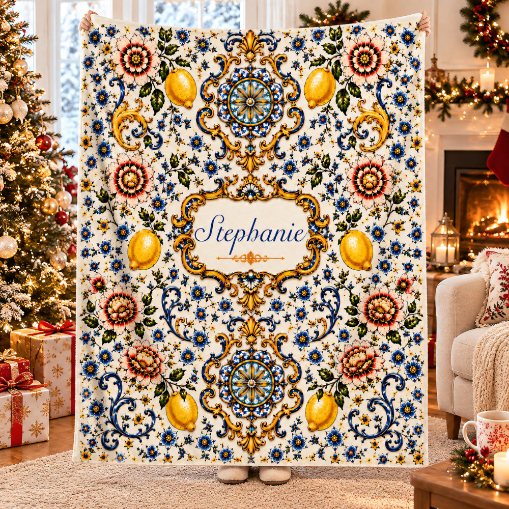 Mediterranean Style & Majolica Print Blue Lemon - Personalized Blanket-Myprintsy