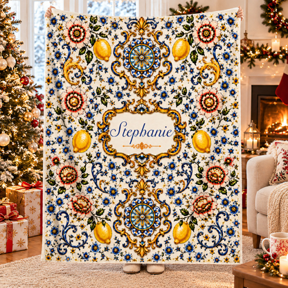 Mediterranean Style & Majolica Print Blue Lemon - Personalized Blanket-Myprintsy