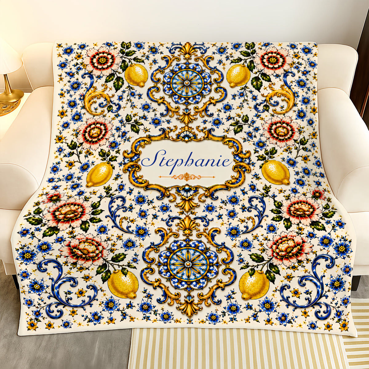 Mediterranean Style & Majolica Print Blue Lemon - Personalized Blanket-Myprintsy