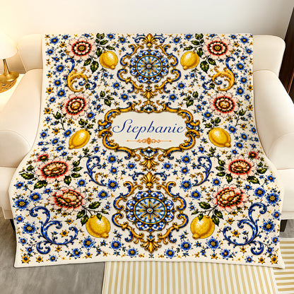 Mediterranean Style & Majolica Print Blue Lemon - Personalized Blanket-Myprintsy