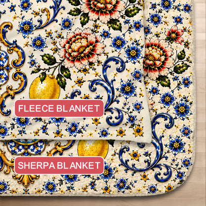 Mediterranean Style & Majolica Print Blue Lemon - Personalized Blanket-Myprintsy
