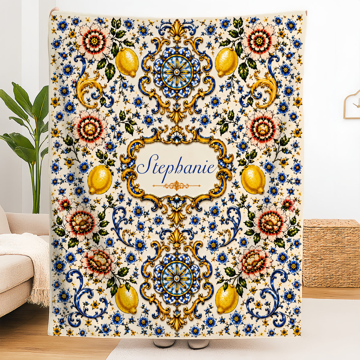 Mediterranean Style & Majolica Print Blue Lemon - Personalized Blanket-Myprintsy