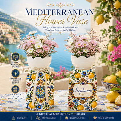 Mediterranean Style & Majolica Print Blue Lemon - Personalized Ceramic Flower Vase - Gift For Home Decor-Myprintsy