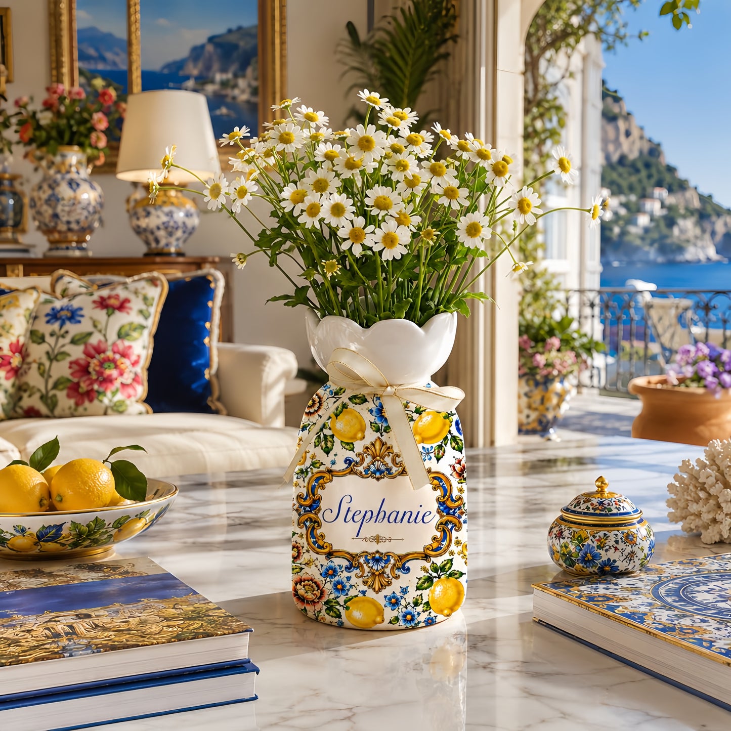 Mediterranean Style & Majolica Print Blue Lemon - Personalized Ceramic Flower Vase - Gift For Home Decor-Myprintsy
