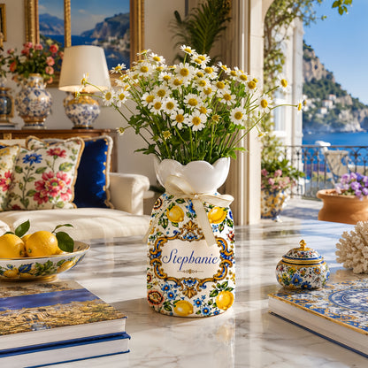 Mediterranean Style & Majolica Print Blue Lemon - Personalized Ceramic Flower Vase - Gift For Home Decor-Myprintsy