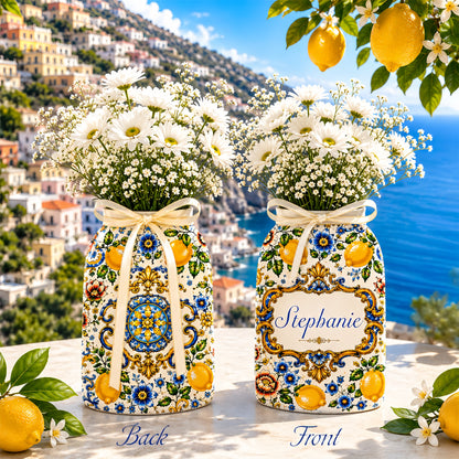 Mediterranean Style & Majolica Print Blue Lemon - Personalized Ceramic Flower Vase - Gift For Home Decor-Myprintsy