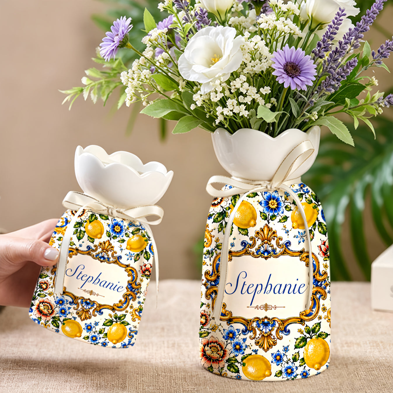Mediterranean Style & Majolica Print Blue Lemon - Personalized Ceramic Flower Vase - Gift For Home Decor-Myprintsy