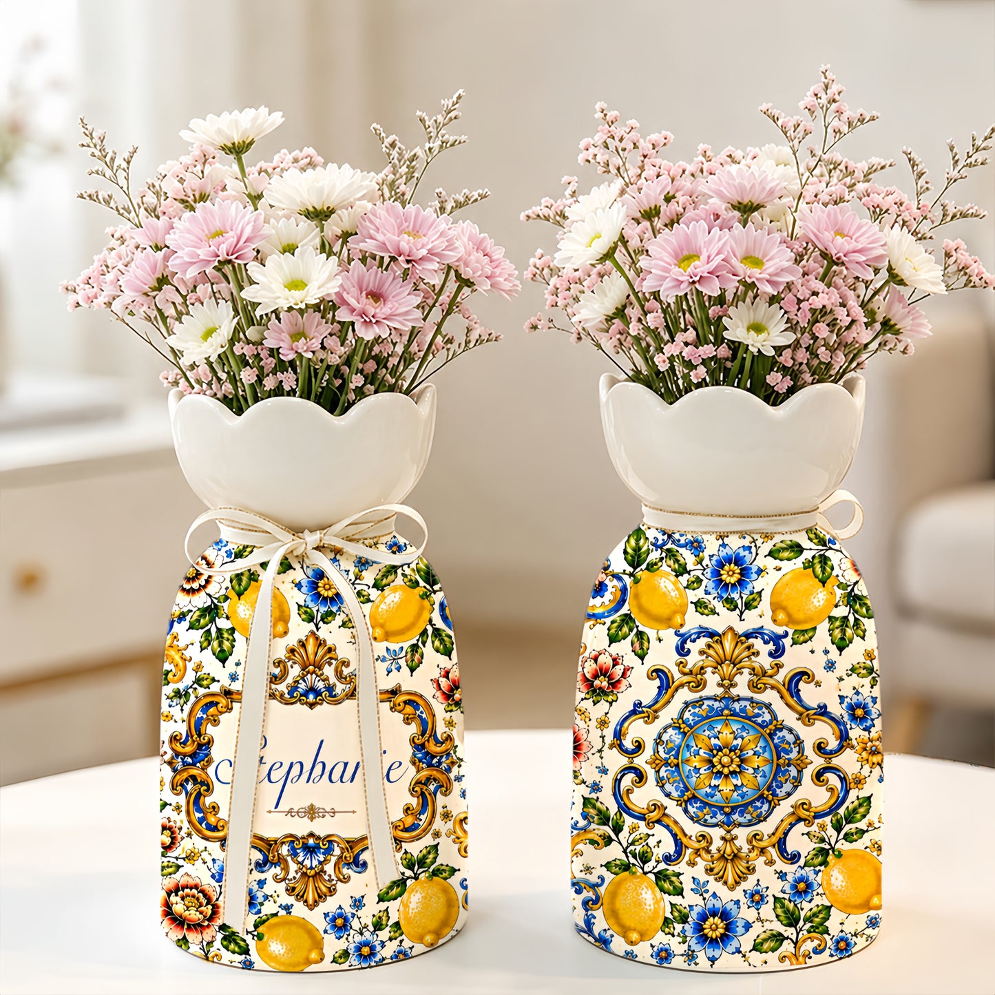 Mediterranean Style & Majolica Print Blue Lemon - Personalized Ceramic Flower Vase - Gift For Home Decor-Myprintsy