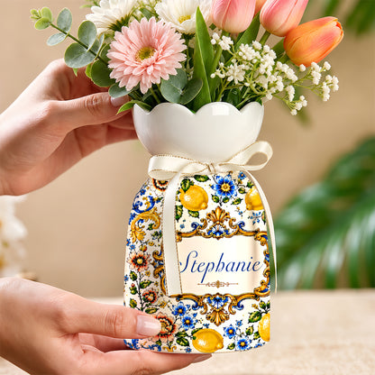 Mediterranean Style & Majolica Print Blue Lemon - Personalized Ceramic Flower Vase - Gift For Home Decor-Myprintsy