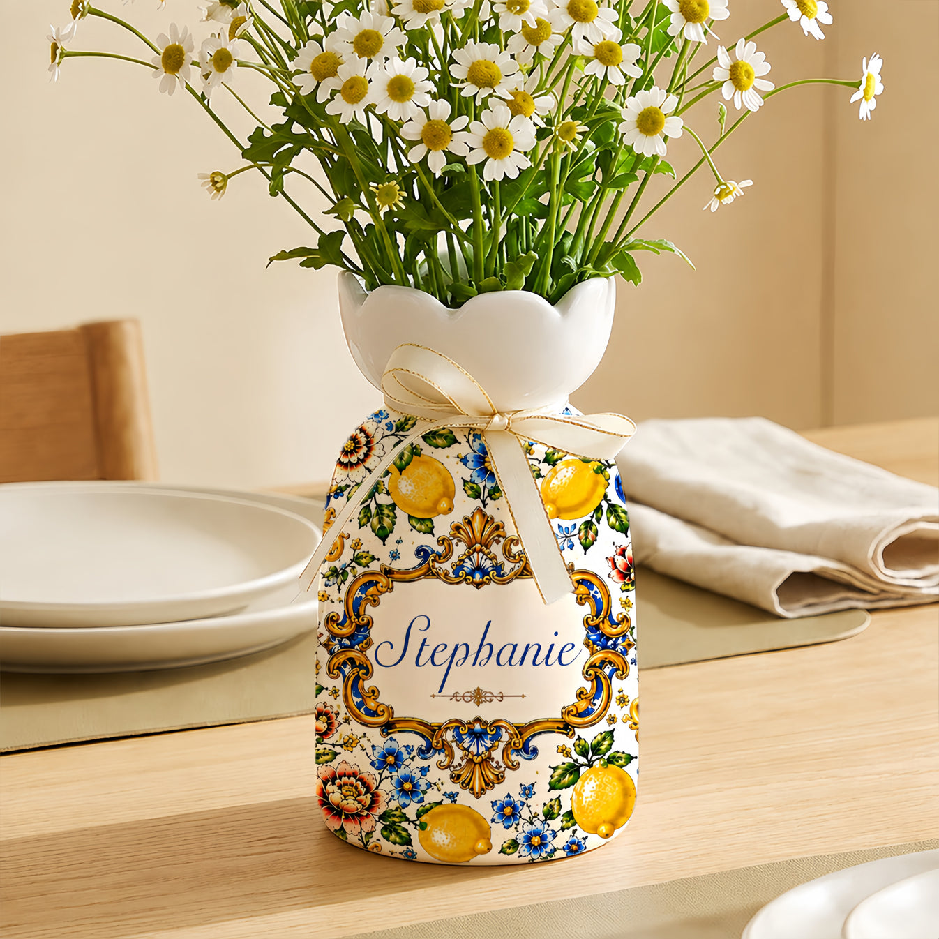 Mediterranean Style & Majolica Print Blue Lemon - Personalized Ceramic Flower Vase - Gift For Home Decor-Myprintsy
