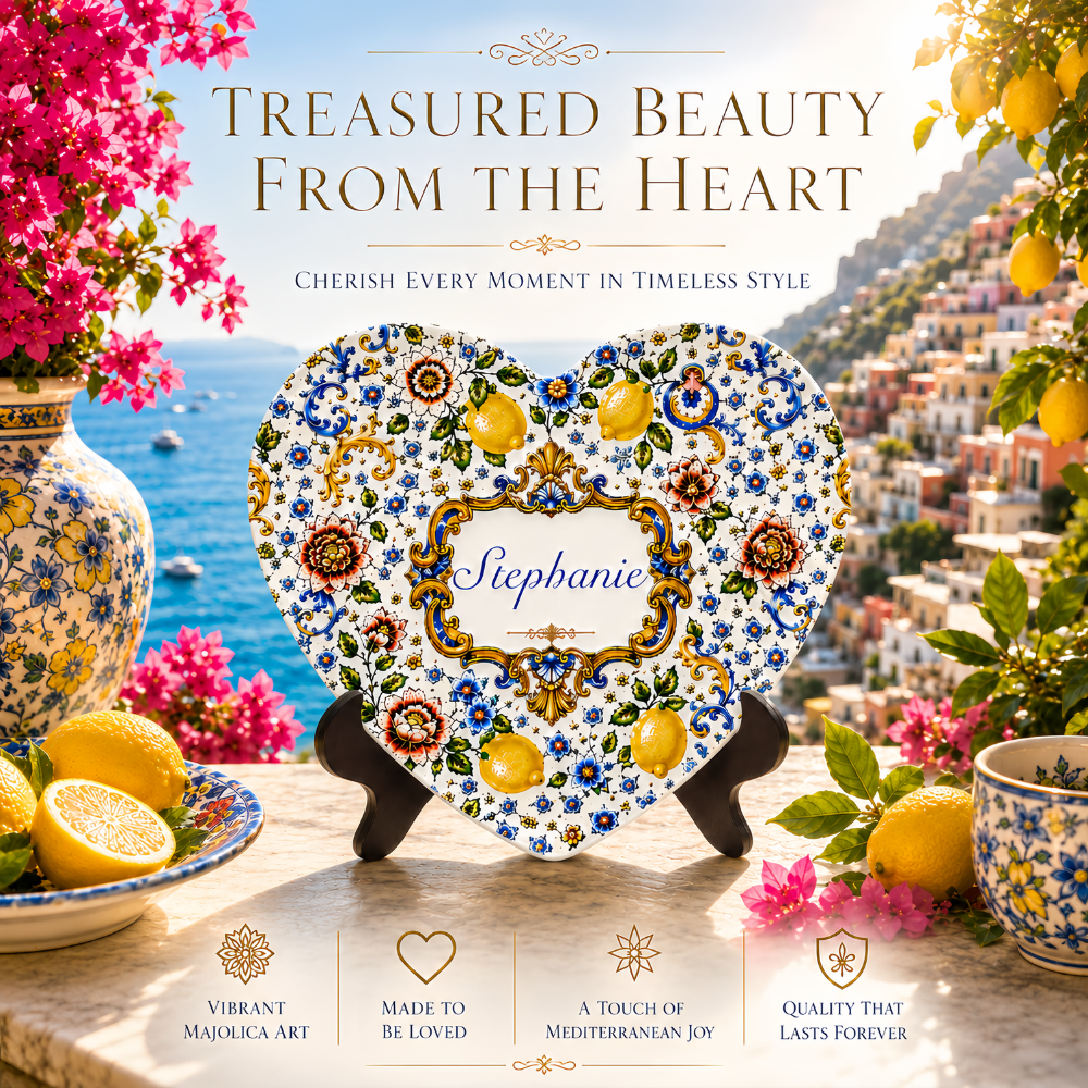 Mediterranean Style & Majolica Print Blue Lemon - Personalized Ceramic Heart Plate - Plates For Decoration-Myprintsy