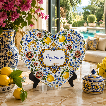 Mediterranean Style & Majolica Print Blue Lemon - Personalized Ceramic Heart Plate - Plates For Decoration-Myprintsy