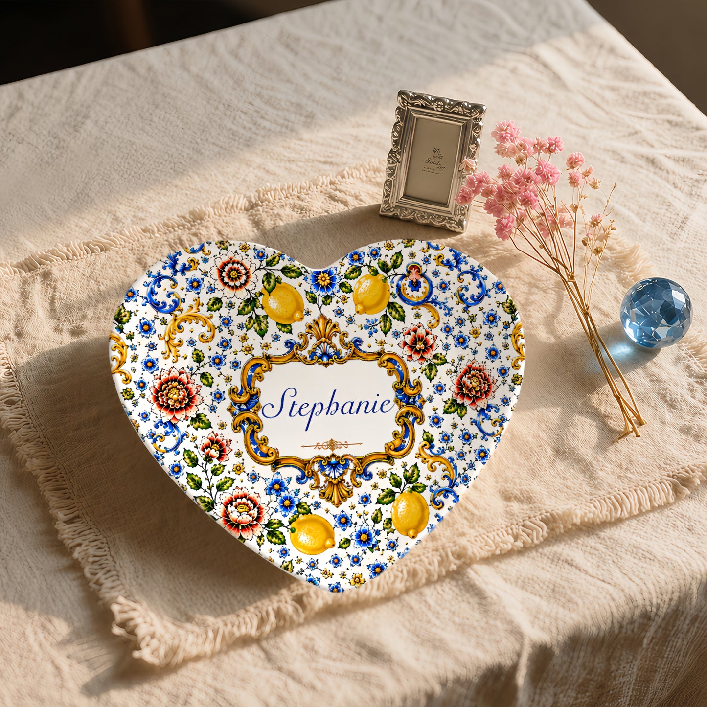 Mediterranean Style & Majolica Print Blue Lemon - Personalized Ceramic Heart Plate - Plates For Decoration-Myprintsy