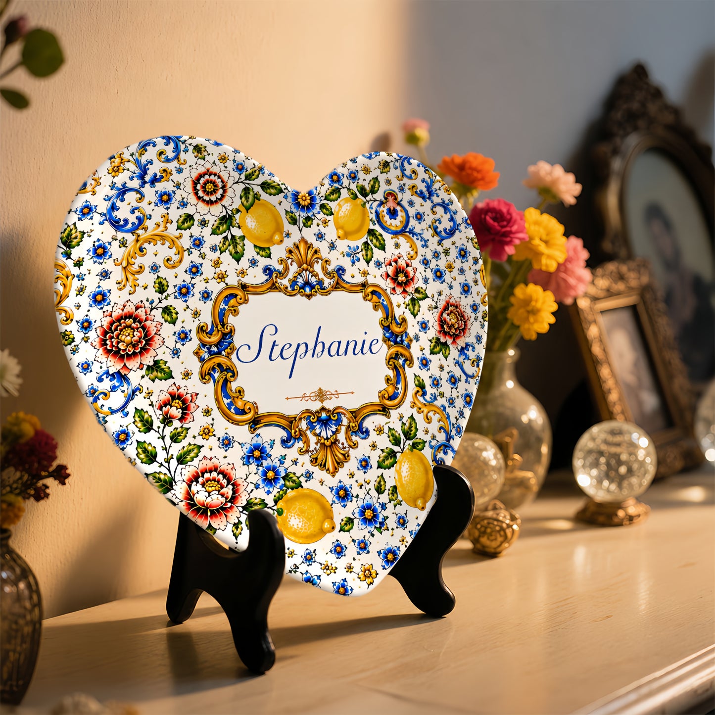 Mediterranean Style & Majolica Print Blue Lemon - Personalized Ceramic Heart Plate - Plates For Decoration-Myprintsy
