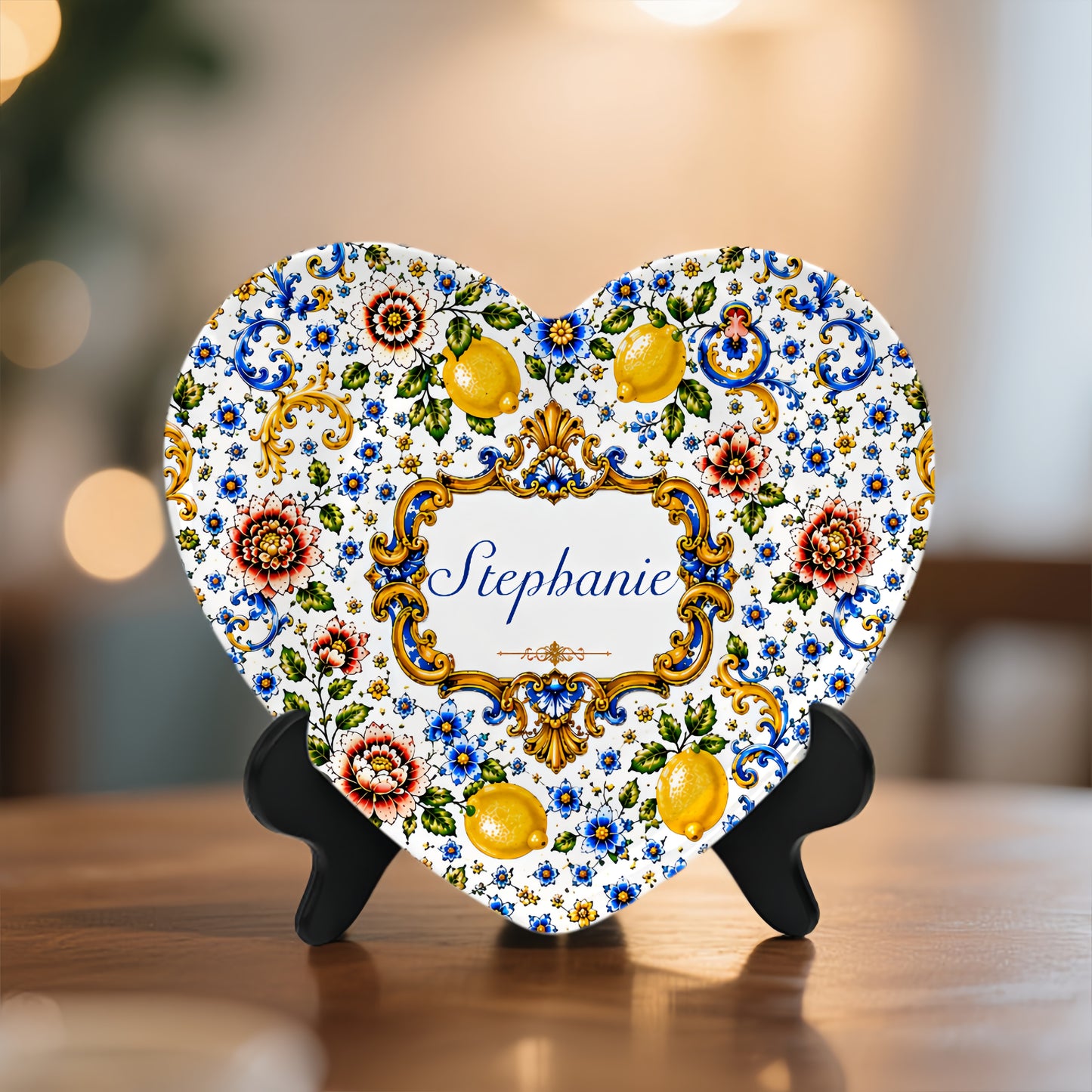 Mediterranean Style & Majolica Print Blue Lemon - Personalized Ceramic Heart Plate - Plates For Decoration-Myprintsy