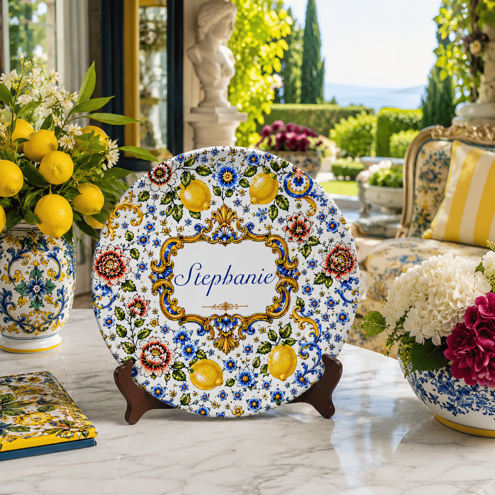 Mediterranean Style & Majolica Print Blue Lemon - Personalized Ceramic Round Plate - Plates For Decoration-Myprintsy