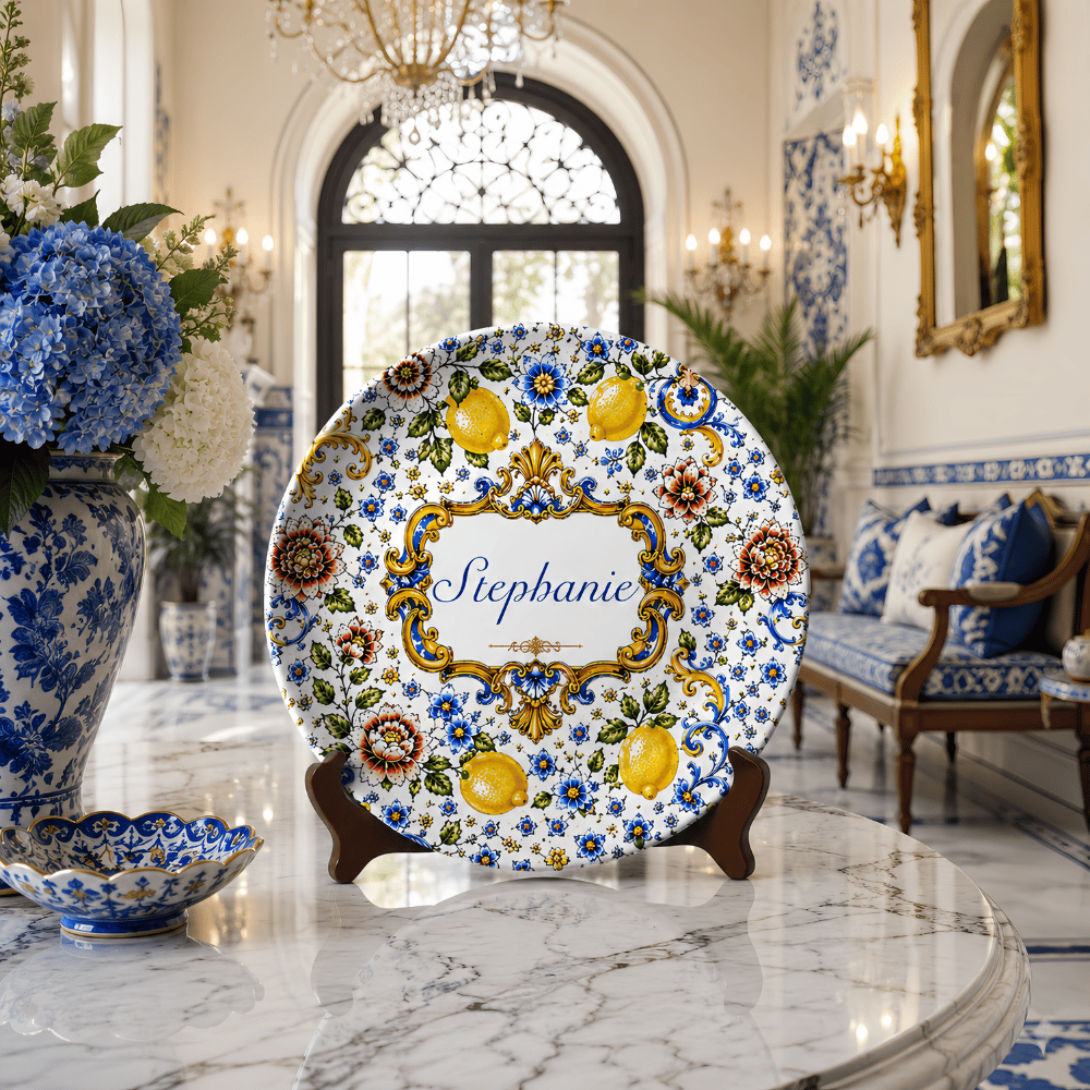 Mediterranean Style & Majolica Print Blue Lemon - Personalized Ceramic Round Plate - Plates For Decoration-Myprintsy