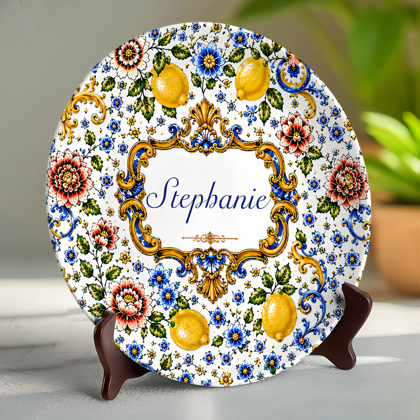 Mediterranean Style & Majolica Print Blue Lemon - Personalized Ceramic Round Plate - Plates For Decoration-Myprintsy