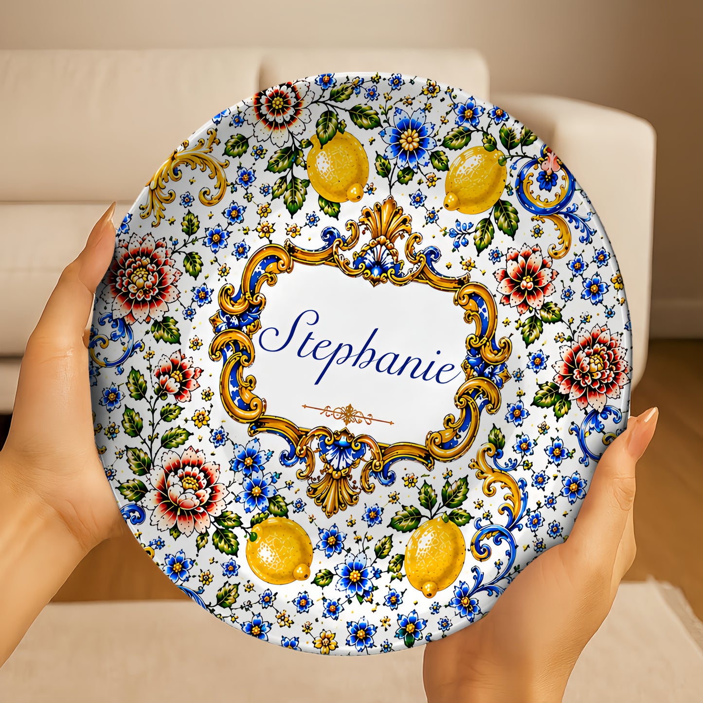 Mediterranean Style & Majolica Print Blue Lemon - Personalized Ceramic Round Plate - Plates For Decoration-Myprintsy
