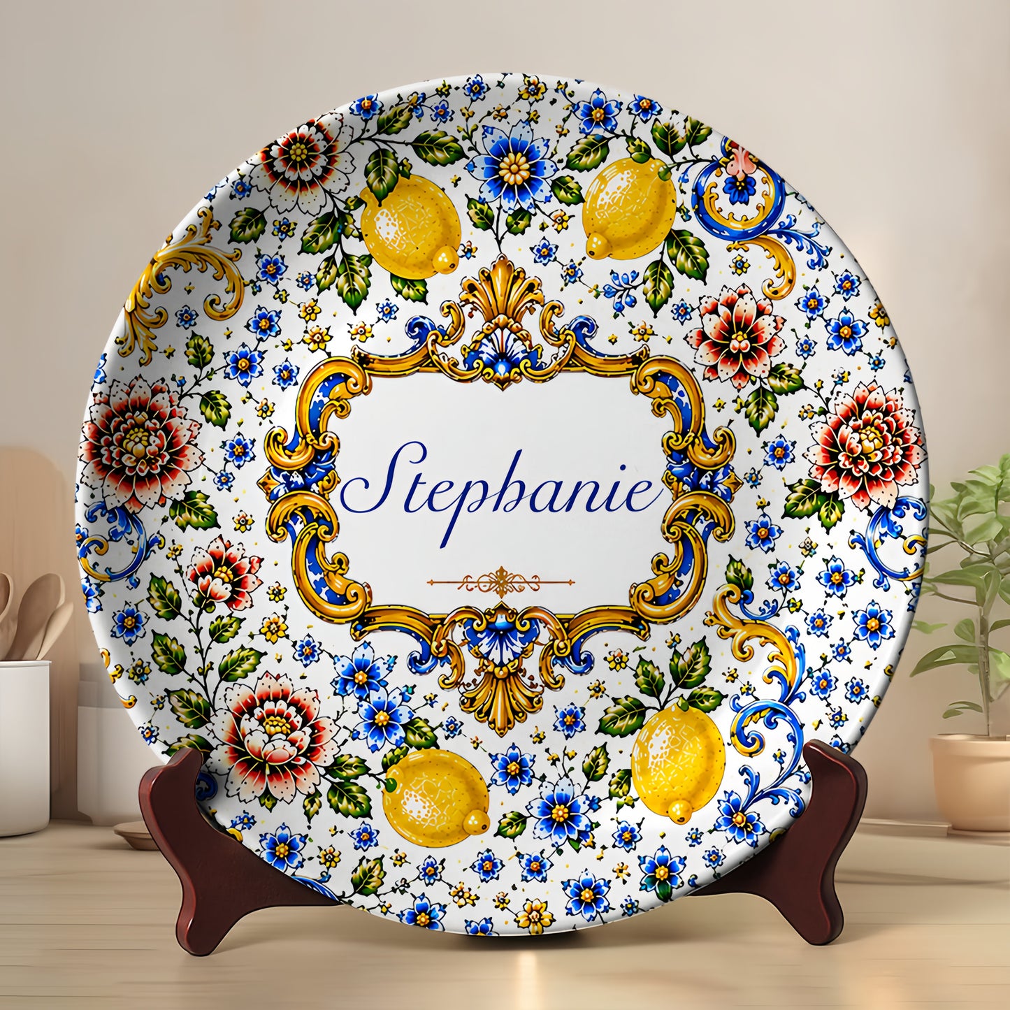 Mediterranean Style & Majolica Print Blue Lemon - Personalized Ceramic Round Plate - Plates For Decoration-Myprintsy