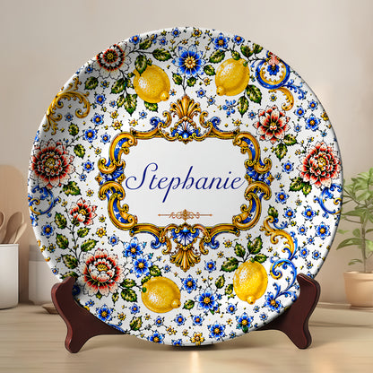 Mediterranean Style & Majolica Print Blue Lemon - Personalized Ceramic Round Plate - Plates For Decoration-Myprintsy