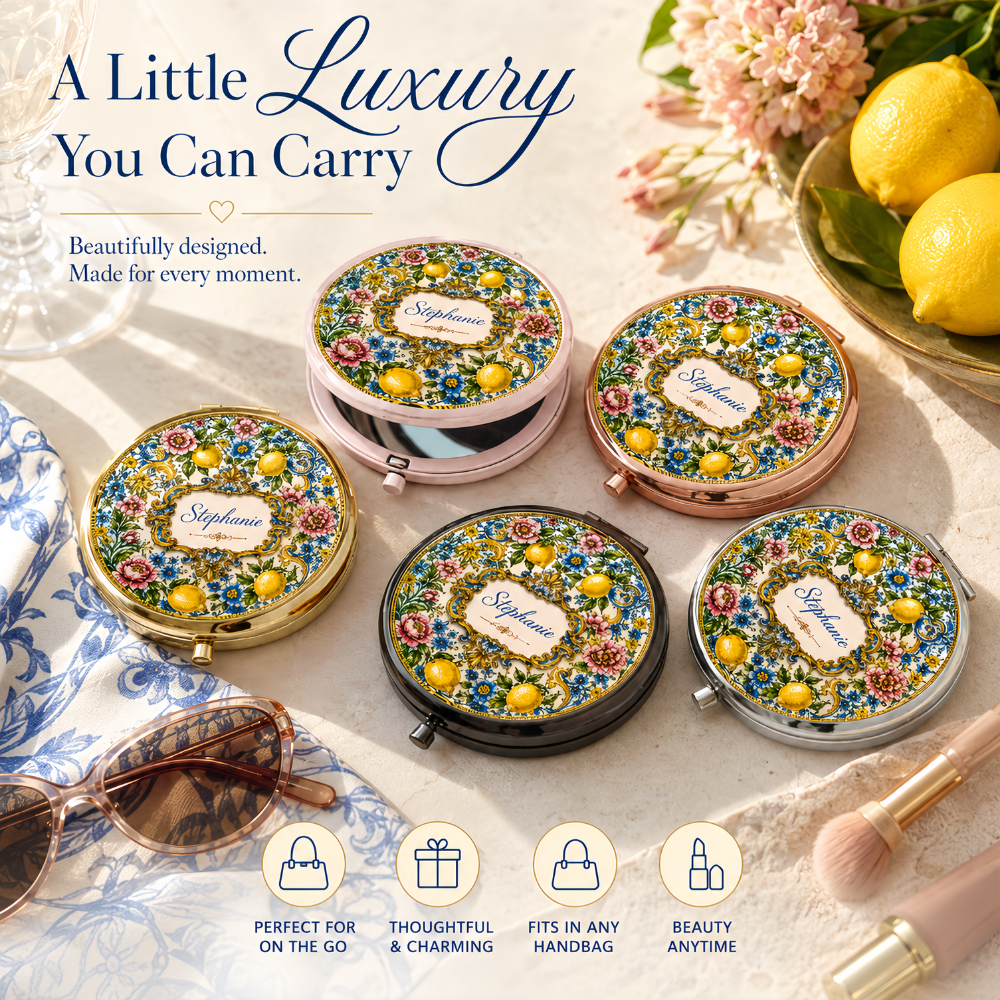 Mediterranean Style & Majolica Print Blue Lemon - Personalized Circle Metallic Compact Mirror-Myprintsy