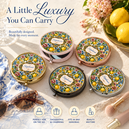 Mediterranean Style & Majolica Print Blue Lemon - Personalized Circle Metallic Compact Mirror-Myprintsy